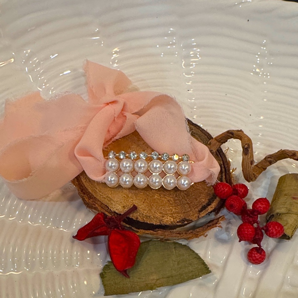 Beaded Crystal and Pearl Chiffon Ribbon Bracelet in Blush